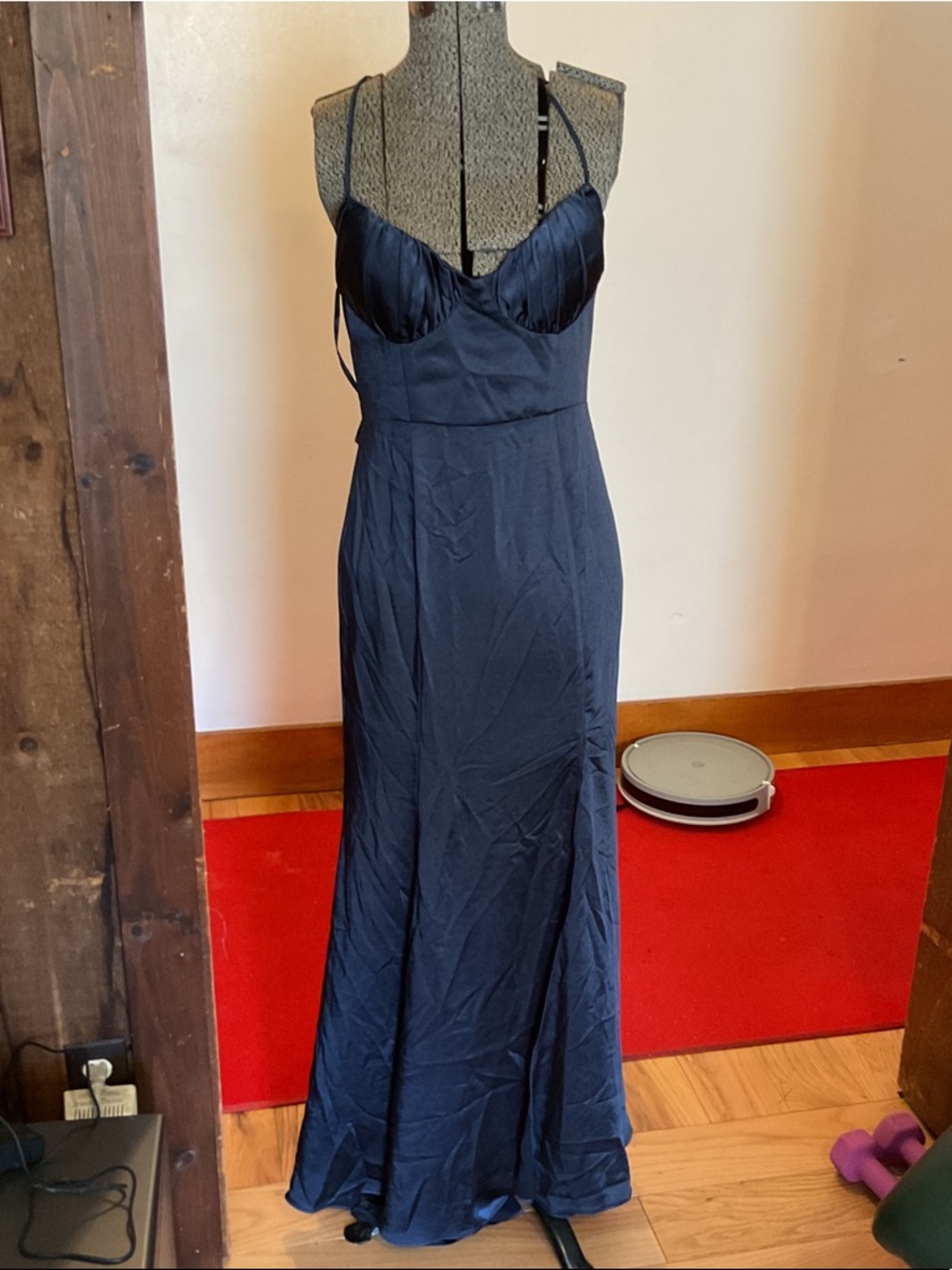 Selfie Leslie Navy Satin Maxi Dress with Spaghetti Straps